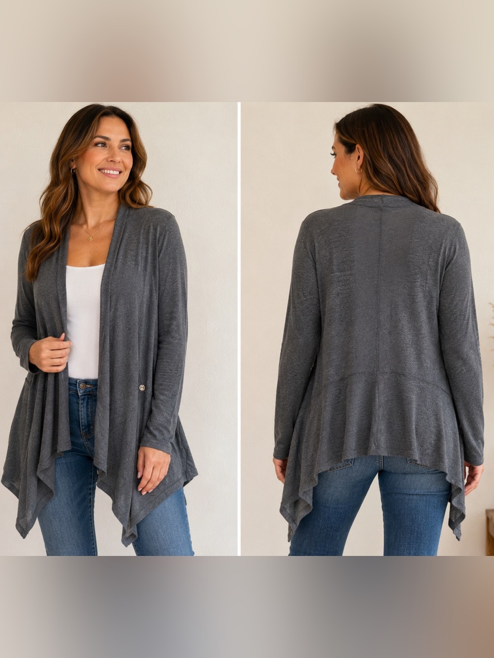 Mado et les Autres Women’s Open-Front Gray Drape Waterfall Cardigan Sweater